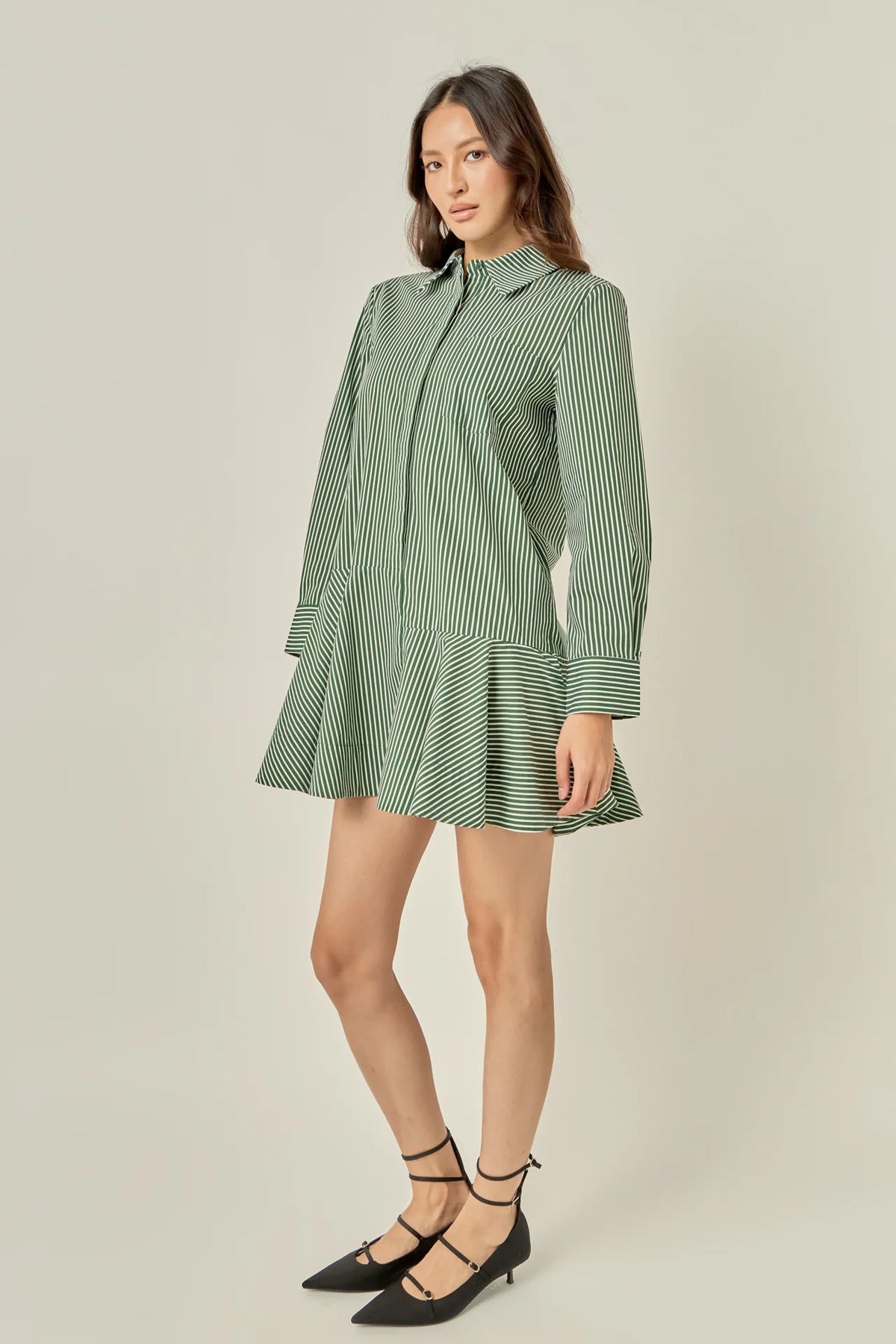 Dark Olive Stripe Collar Flared Skirt Dress