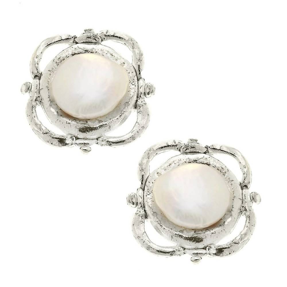 Platinum Scroll Pearl Earrings