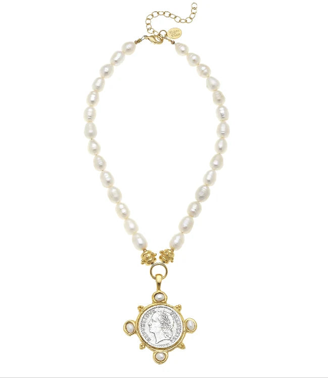 Gold/Silver Coin Pendant Pearls Necklace