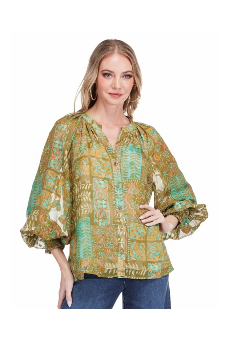 Oliva Tapestry Split Neck Peasant Top