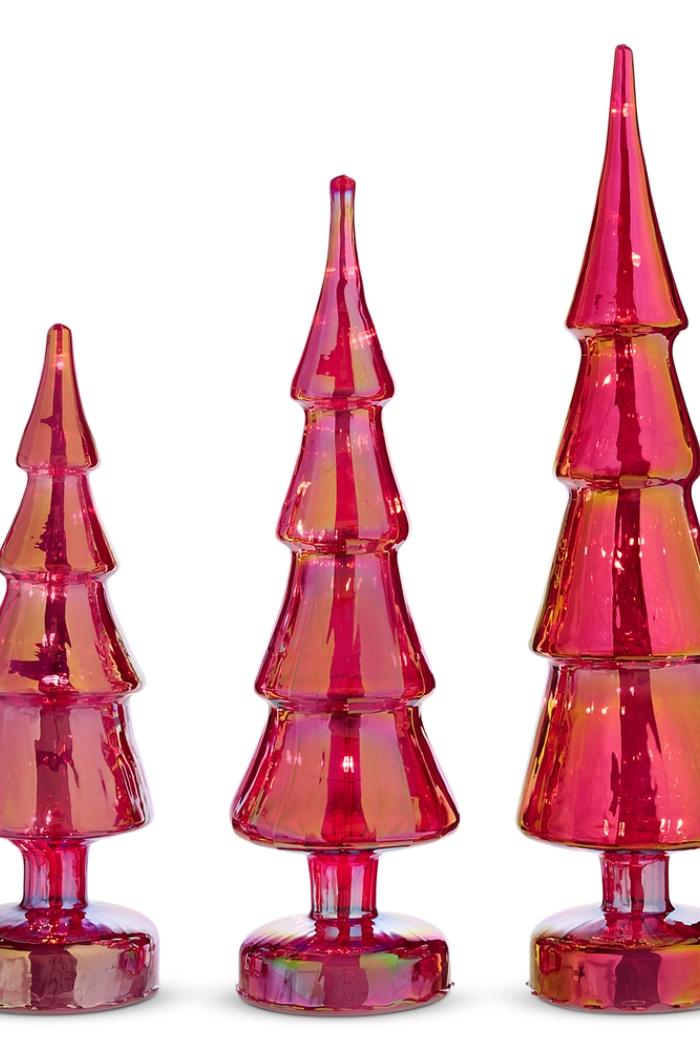16" Lighted Red Iridescent Glass Trees (3)
