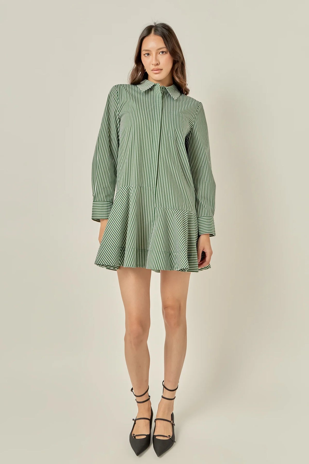 Dark Olive Stripe Collar Flared Skirt Dress
