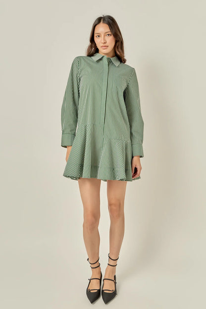 Dark Olive Stripe Collar Flared Skirt Dress