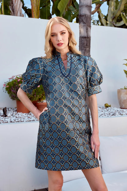 Gilded Trellis Collar trimmed V-neck dress