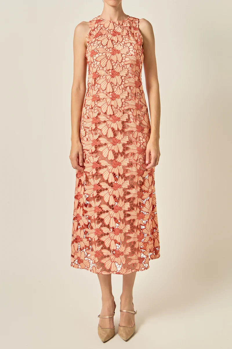 Floral Lace Overlay Midi Dress