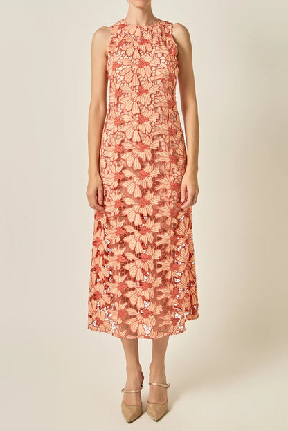 Floral Lace Overlay Midi Dress