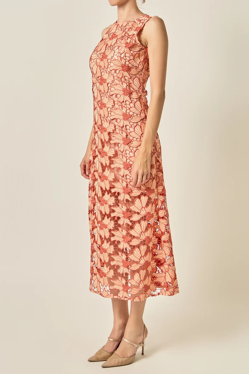 Floral Lace Overlay Midi Dress