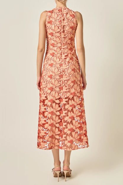 Floral Lace Overlay Midi Dress