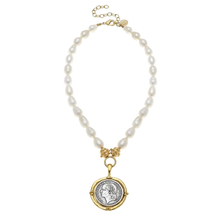 Mixed Metal Roman Coin Pearl Necklace