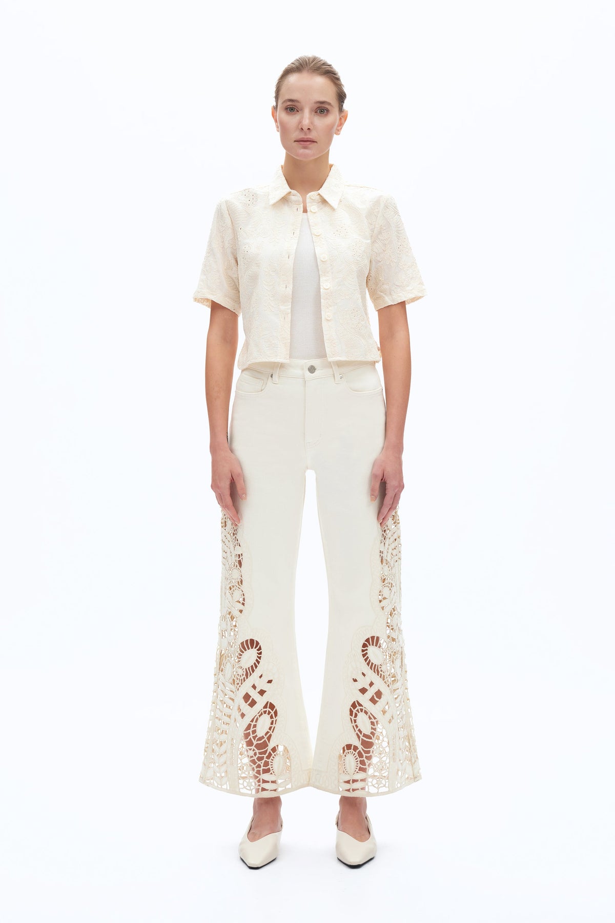 High Rise Lace Wide-Leg Jeans