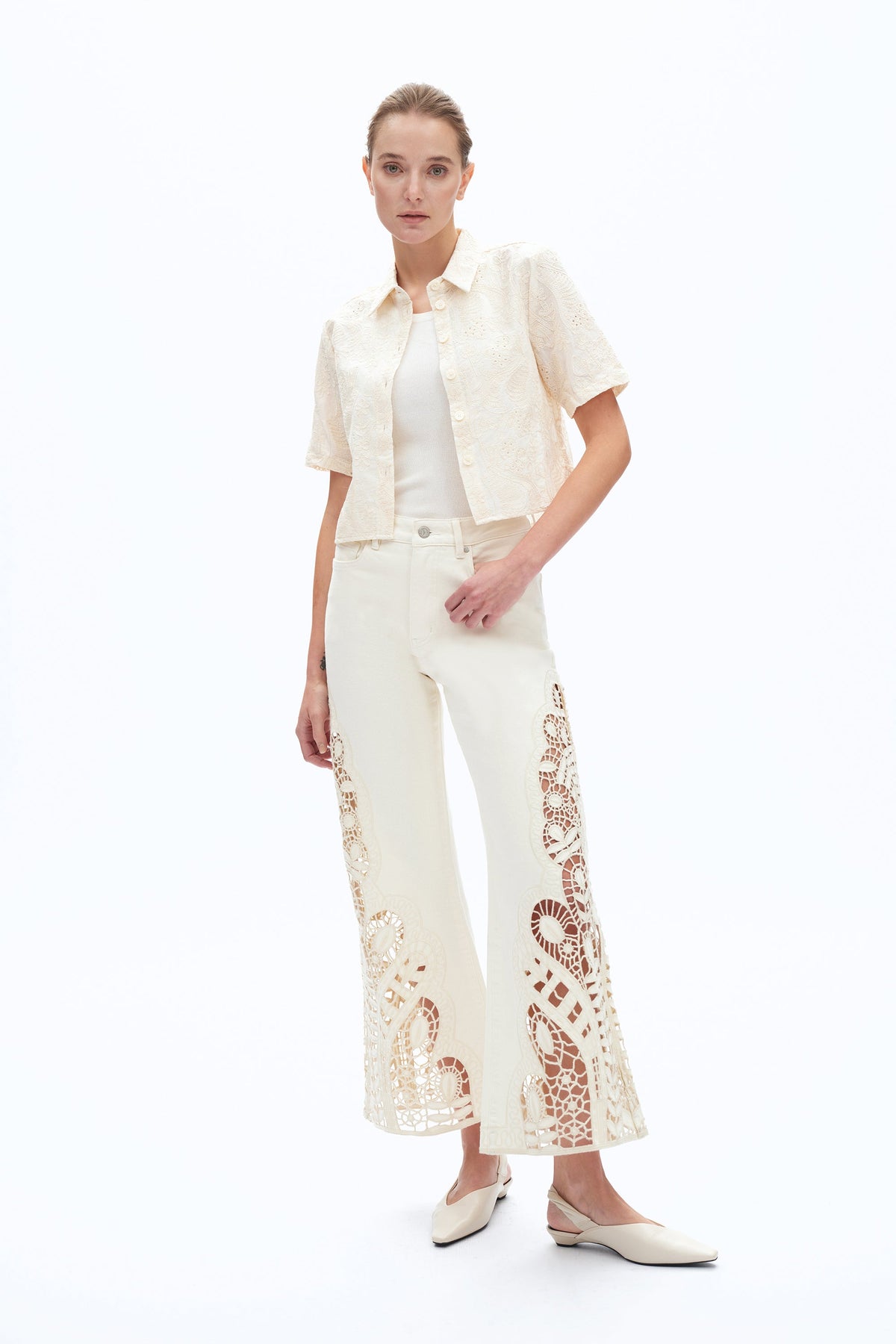 High Rise Lace Wide-Leg Jeans