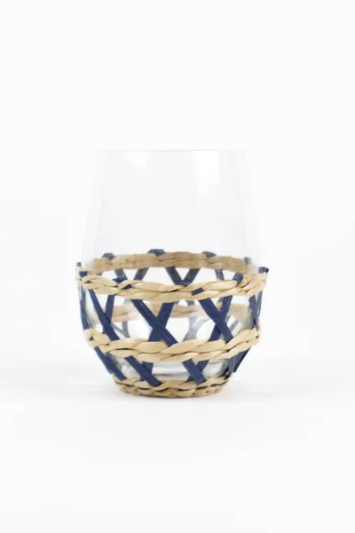 Rattan Navy Stemless Wine Glass