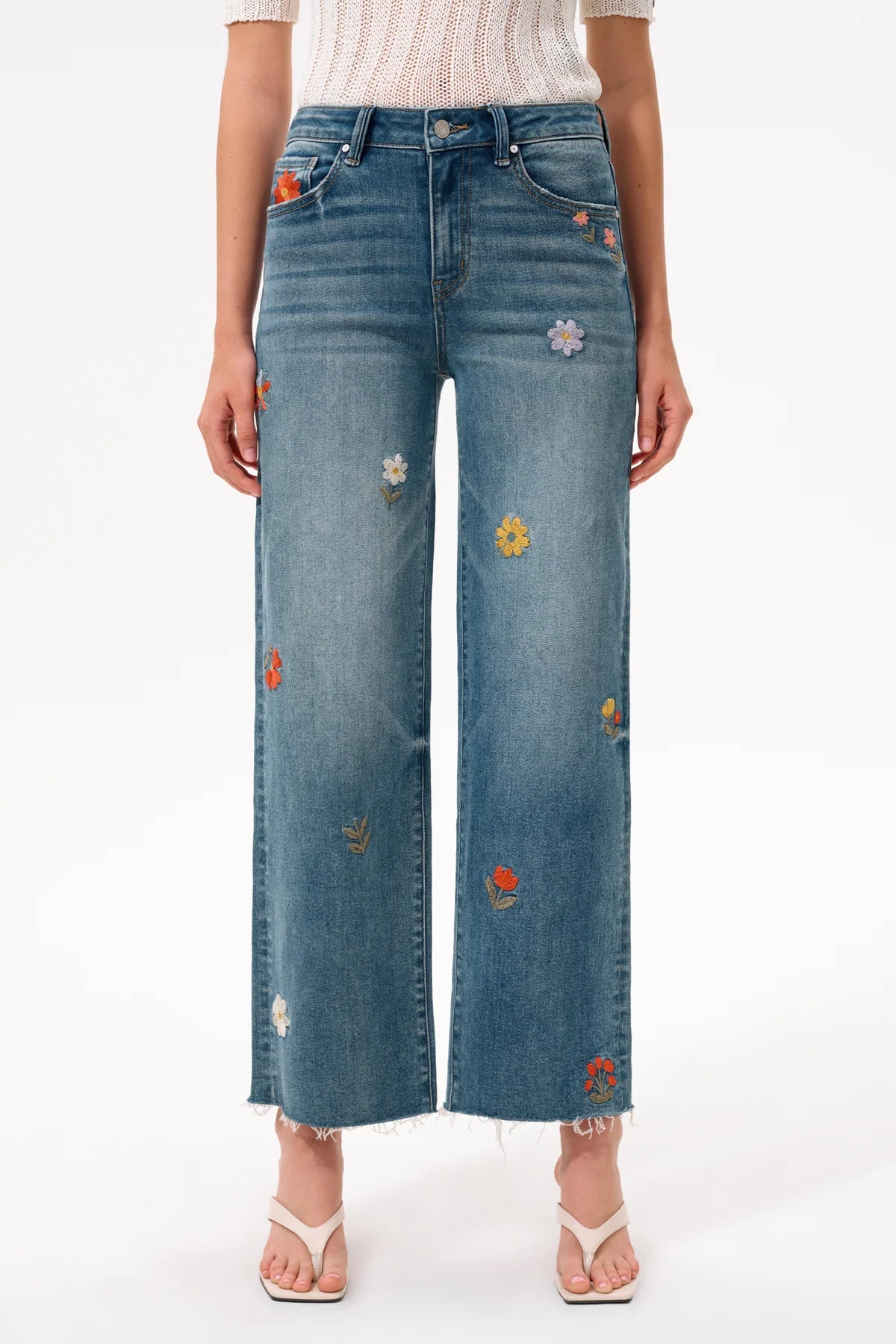 Mid Rise Embroidered Wide Leg Jeans