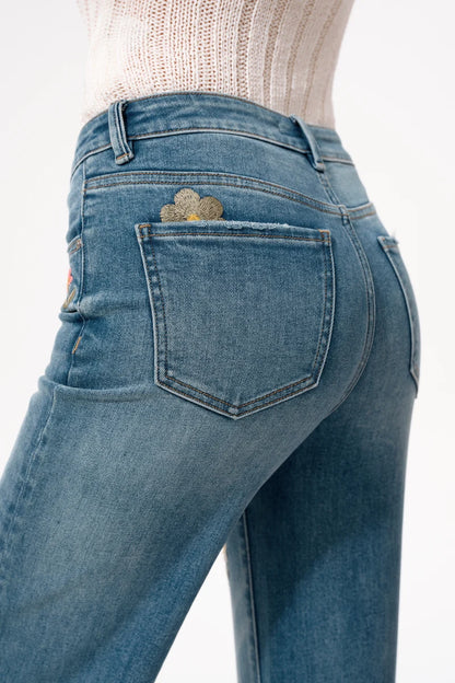 Mid Rise Embroidered Wide Leg Jeans