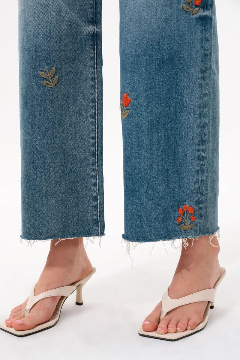 Mid Rise Embroidered Wide Leg Jeans