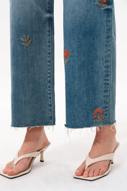 Mid Rise Embroidered Wide Leg Jeans
