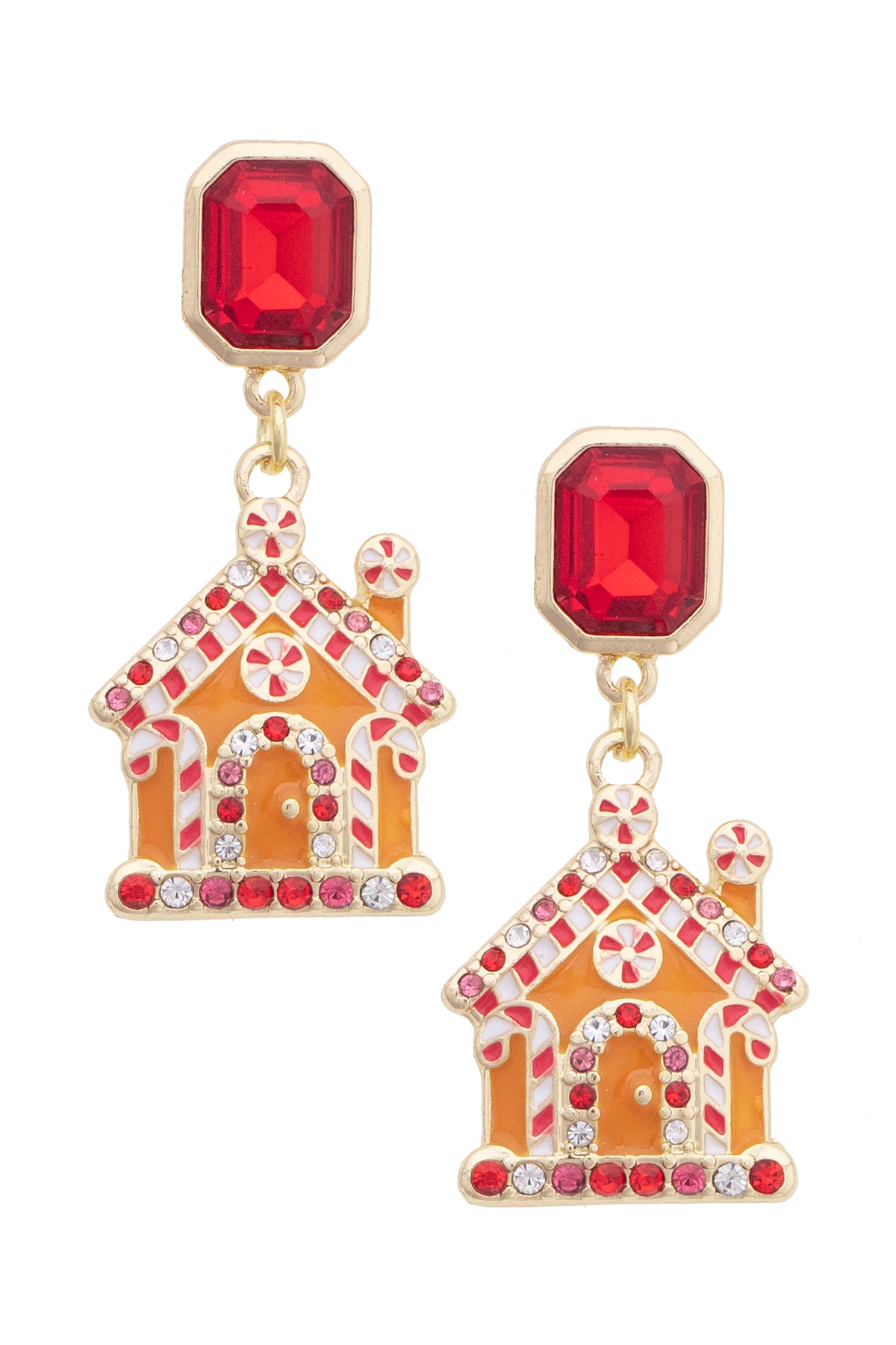 Rhinestone Gingerbread House Earrings in Red