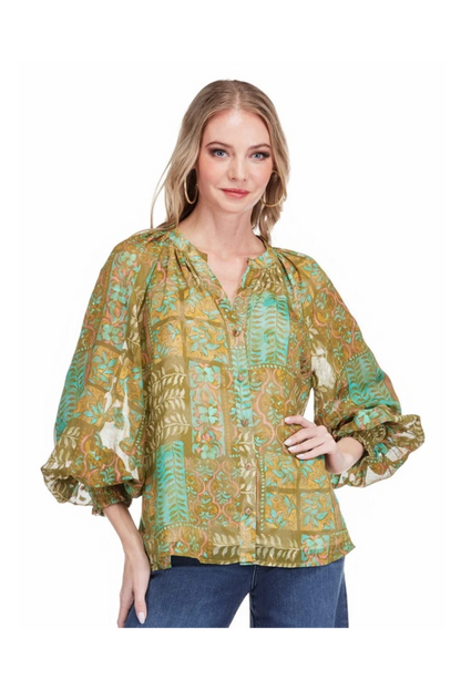Oliva Tapestry Split Neck Peasant Top