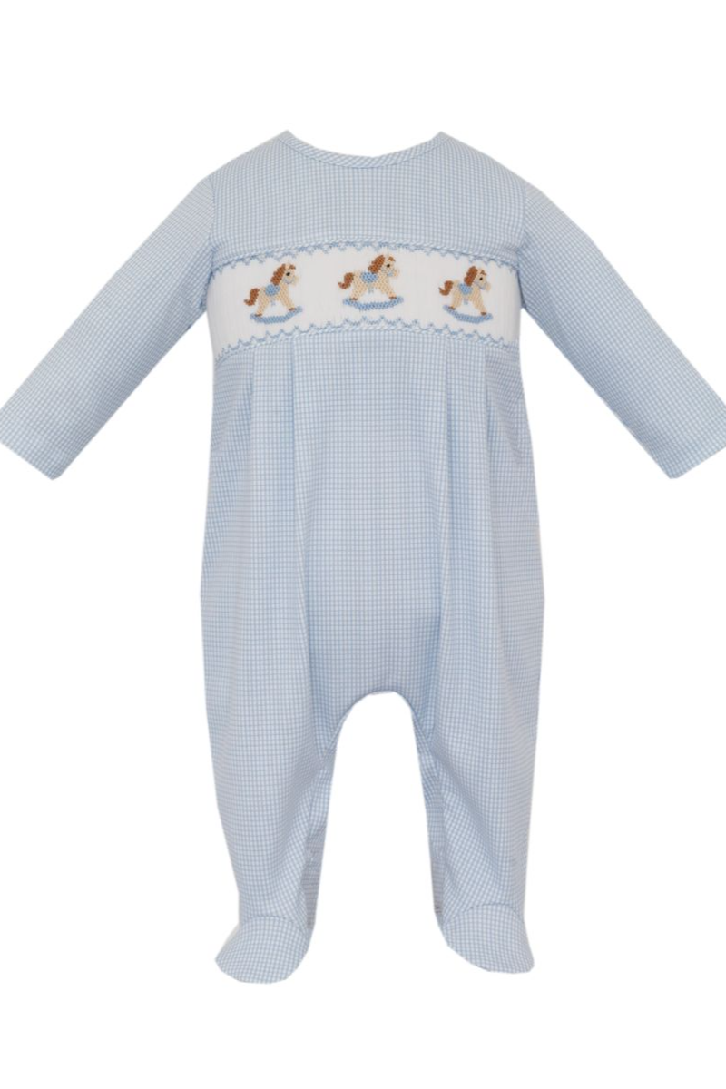Blue Check Long Footie - Rocking Horse