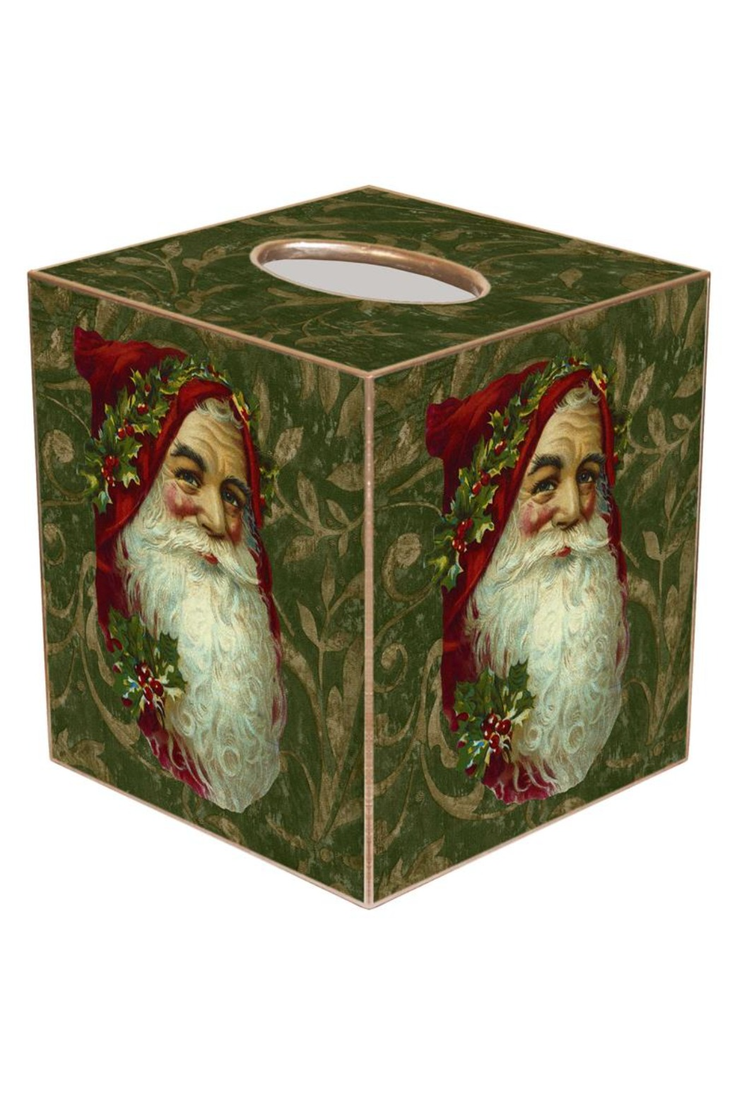 Santa Face on Green Damask Tissue Box Cover