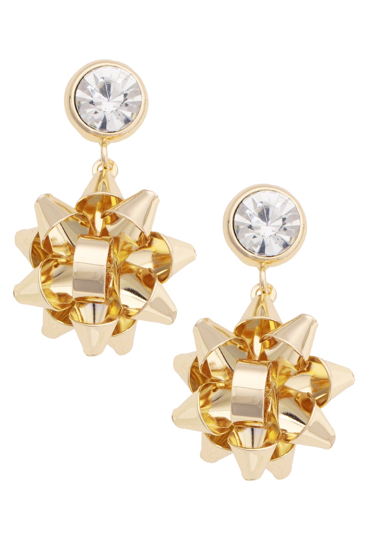 Rhinestone Bezel Bow Earrings in Shiny Gold
