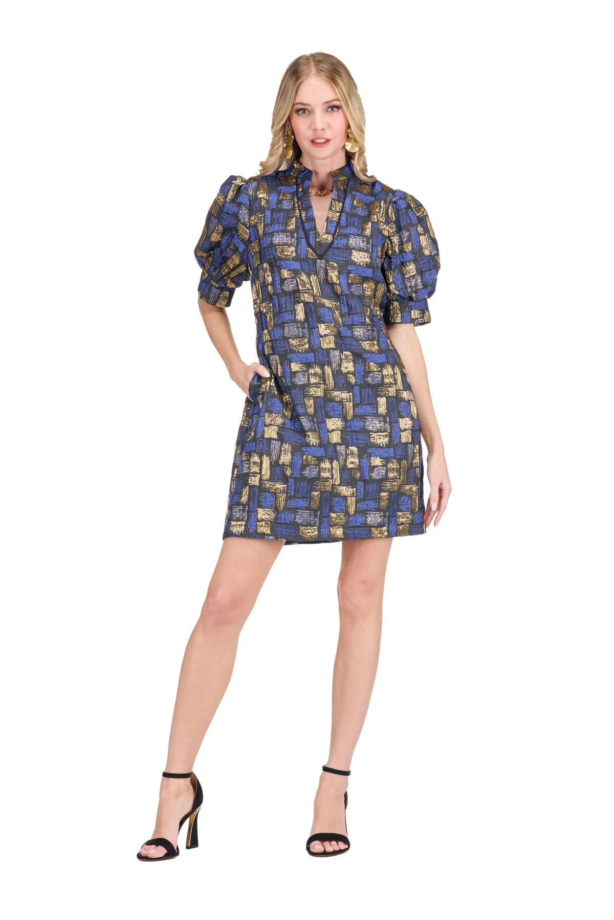 Sapphire Gold Collar V-Neck Dress