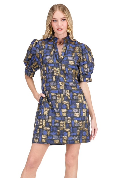 Sapphire Gold Collar V-Neck Dress
