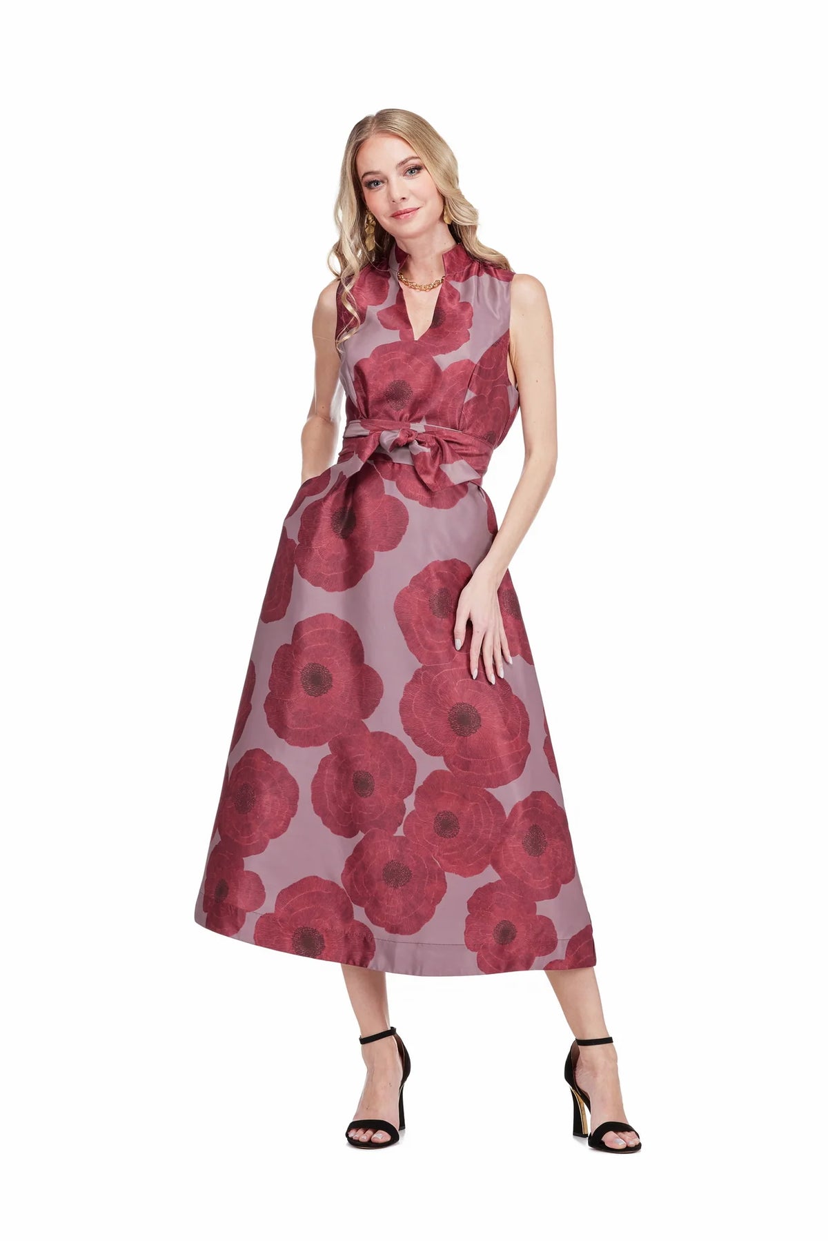 Crimson Poppy Stand Collar Fit & Flare Dress